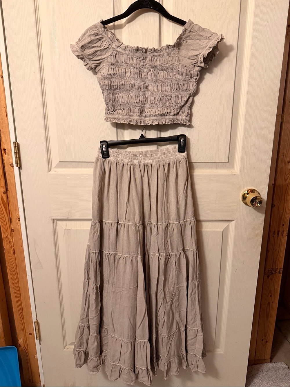 American Eagle Outfitters Light Grey Smocked Crop Top & Tiered Maxi Skirt Set